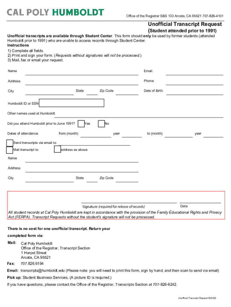 Fillable Online Unofficial Transcript Request (student Attended Prior ...