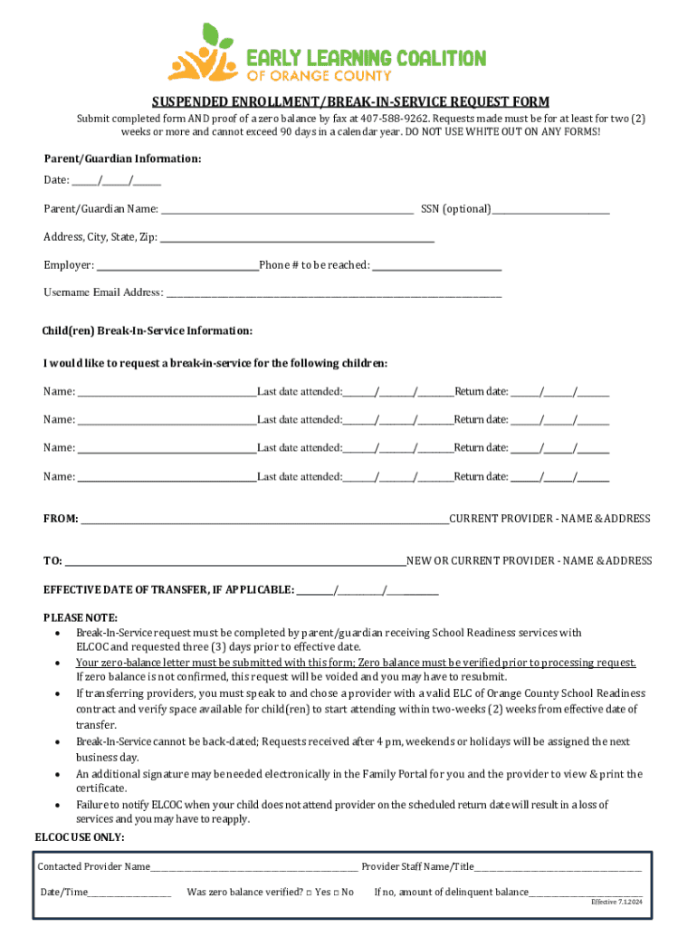 Fillable Online Suspended Enrollment/breakinservice Request Fax Email