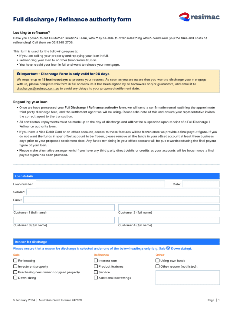 Full Discharge Refinance Authority Form Preview on Page 1