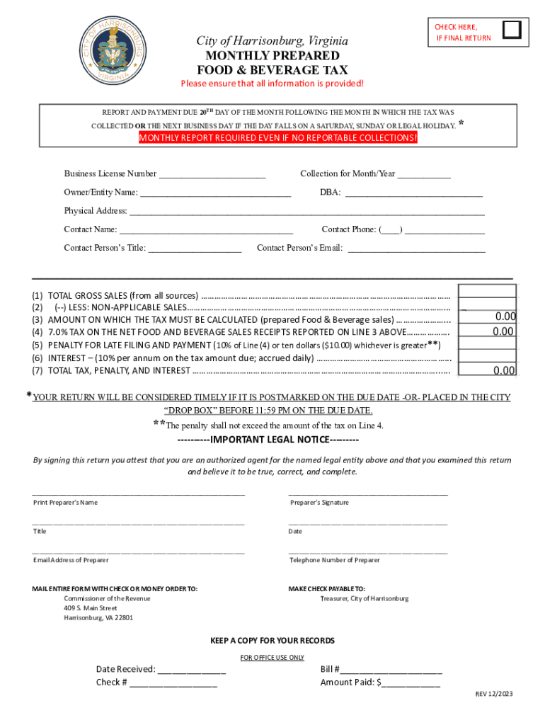 Harrisonburg Monthly Prepared Food and Beverage Tax Return Preview on Page 1