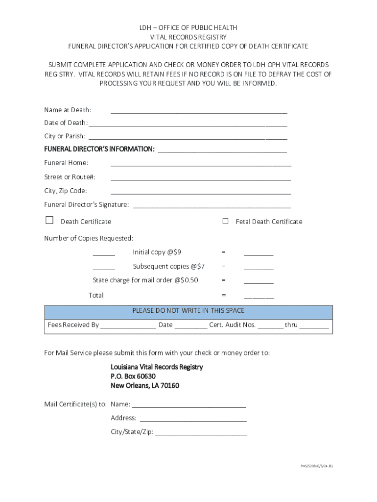 Funeral Director s Application for Certified Copy of Death Certificate Preview on Page 1