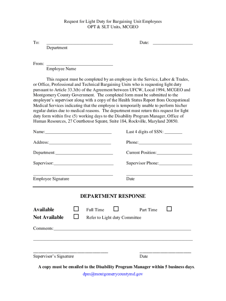 Request for Light Duty for Bargaining Unit Employees Preview on Page 1