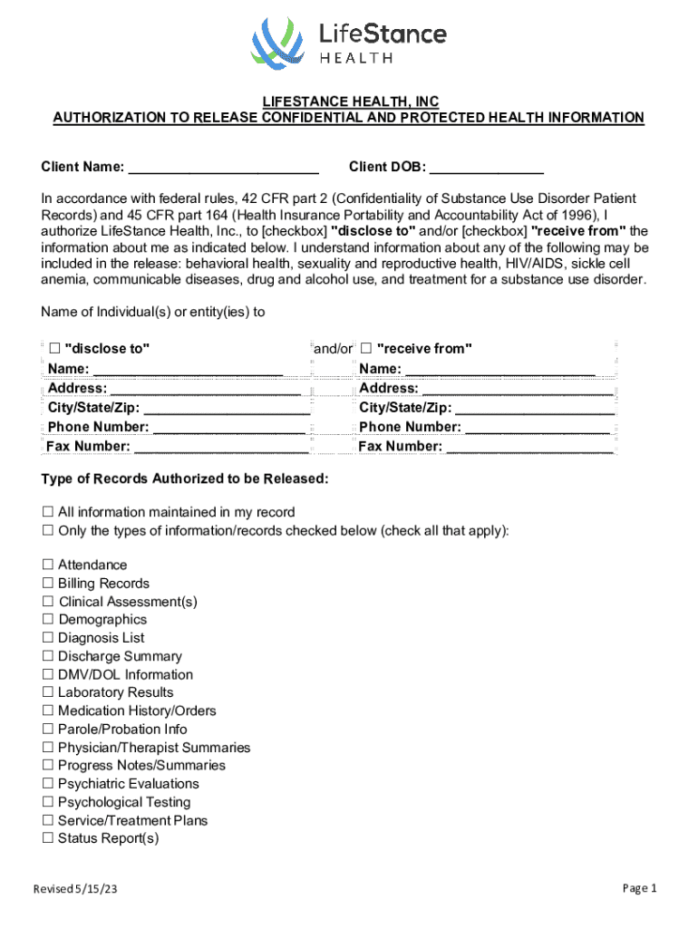 Authorization to Release Confidential Health Information Preview on Page 1
