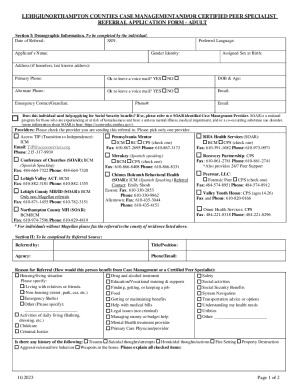 Lehigh/northampton Counties Case Management and/or Certified Peer Specialist Referral Application Form - Adult