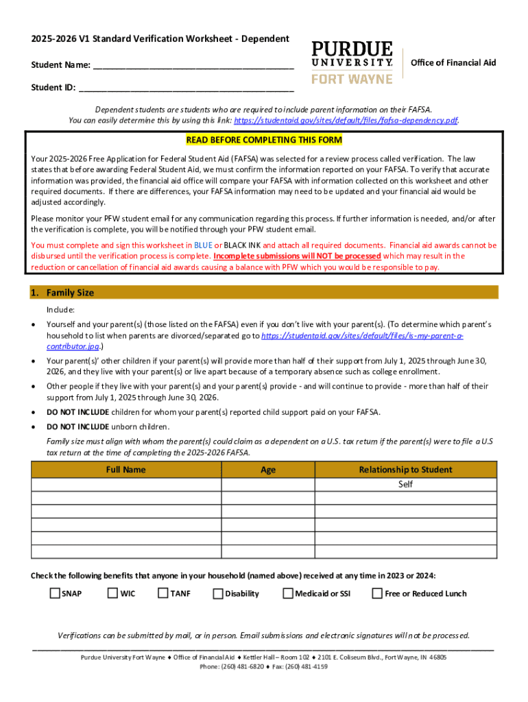 Fillable Online 2025-2026 V1 Standard Verification Worksheet Fax Email ...