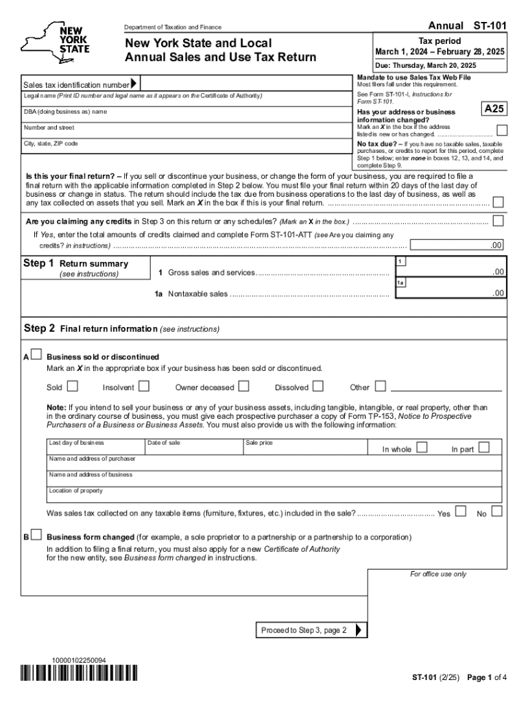 Form ST-101 New York State and Local Annual Sales and Use Tax Return Revised 2 25 Preview on Page 1