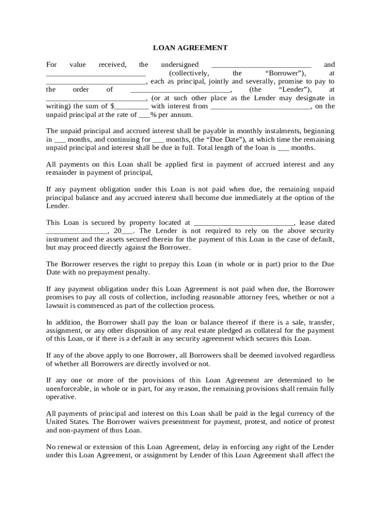 Loan Agreement - Blank Fillable Template | Fill Out, Print & Download ...
