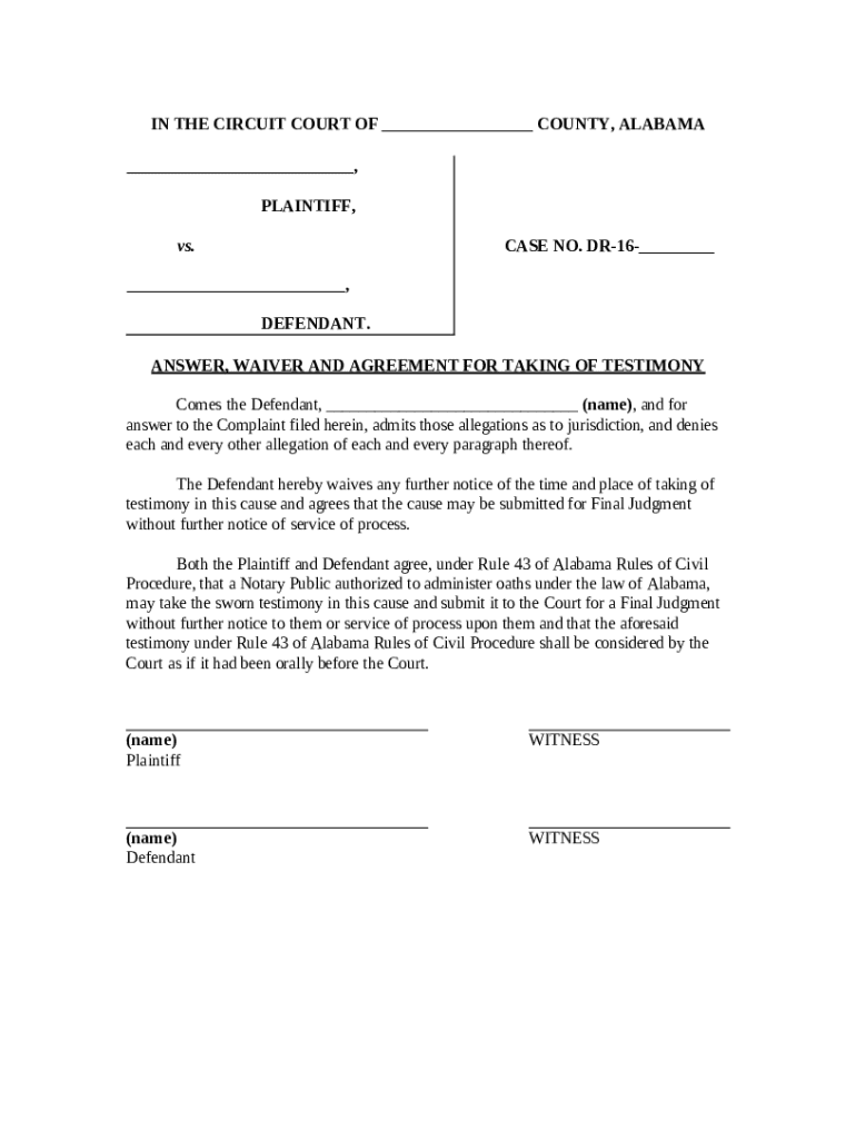 Alabama Answer Waiver and Agreement for Taking of Testimony Preview on Page 1