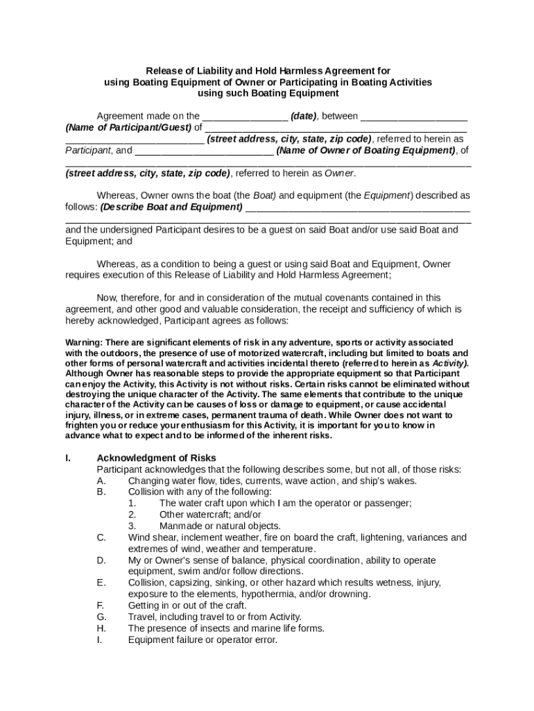 Release of Liability and Hold Harmless Agreement for Boating - Blank ...