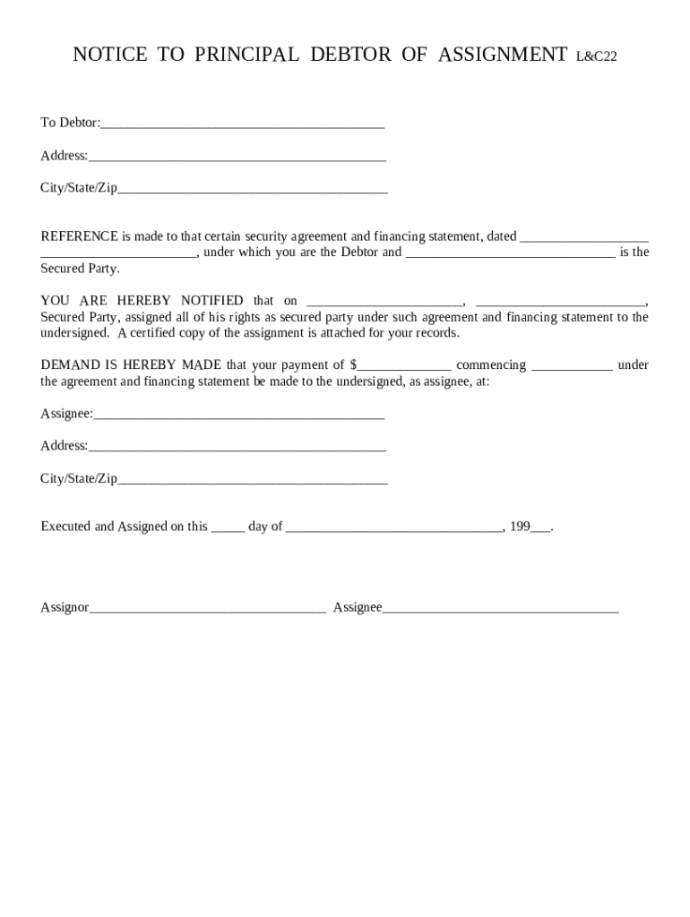 Notice to Principal Debtor of Assignment L&c22 Doc Template | pdfFiller