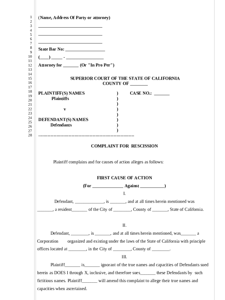 Complaint for Rescission for Contract Doc Template | pdfFiller