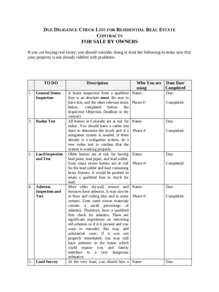 Due Diligence Checklist for Residential Real Estate Contracts - Blank ...