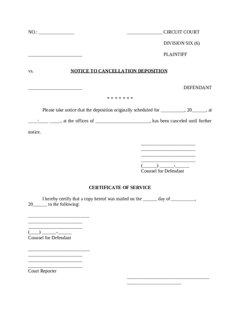 Notice to Cancellation Deposition - Blank Fillable Template | Fill Out ...