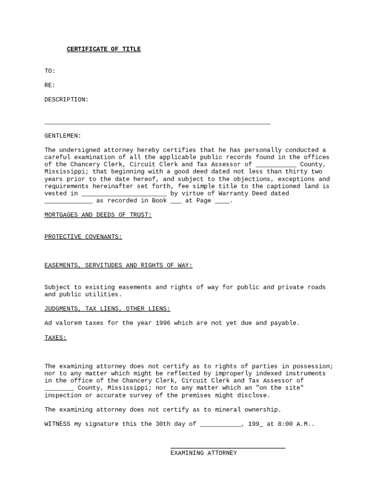 Certificate of Title Doc Template pdfFiller Certificate of Title Doc Template pdfFiller