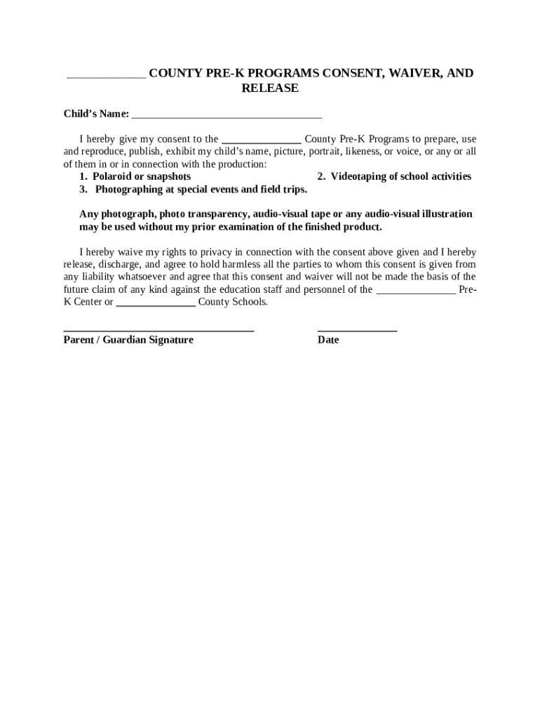 Program Consent Form Pre-k Programs Consent, Waiver, and Release Doc Template | pdfFiller