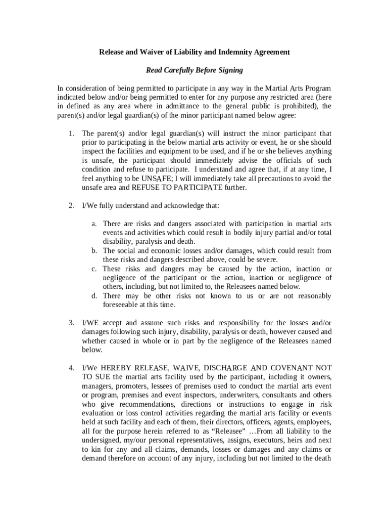 Martial Arts Liability Waiver - Blank Fillable Template | Fill Out ...