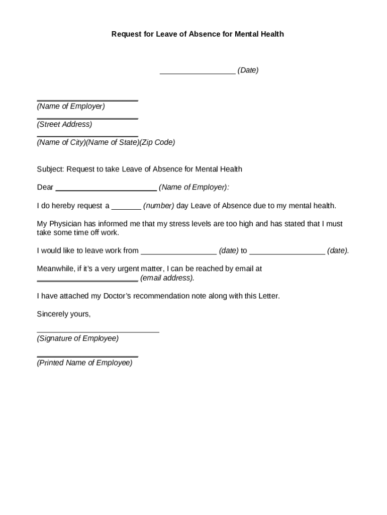 Request for Leave of Absence for Mental Health - Blank Fillable ...