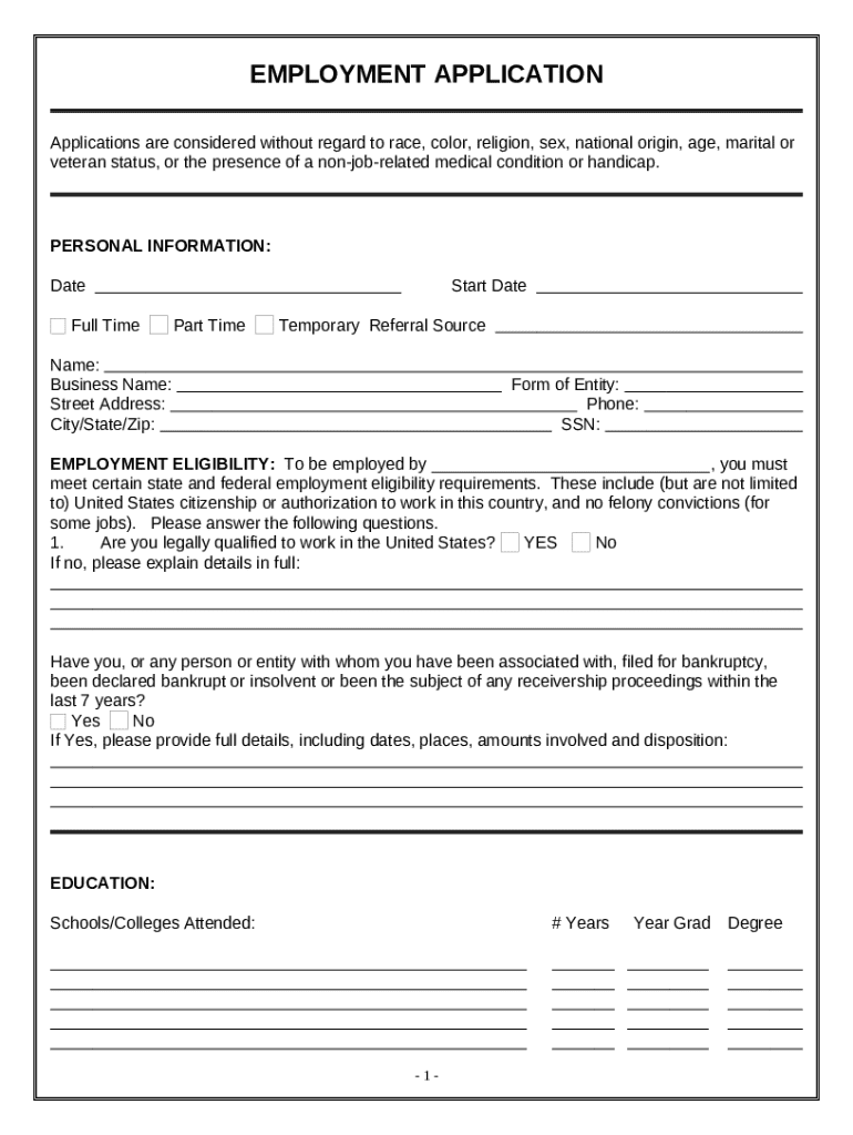Employment Application Form - Blank Fillable Template | Fill Out, Print ...