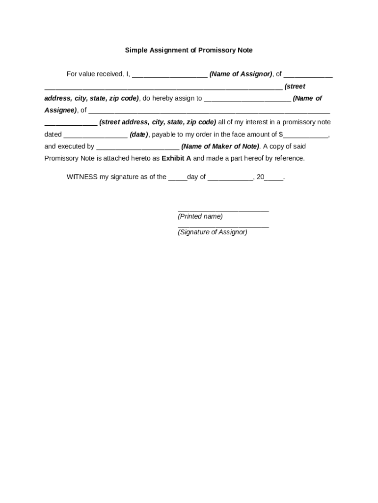 Assignment Of Note Example Simple Assignment of Promissory Note - Blank Fillable Template | Fill ...
