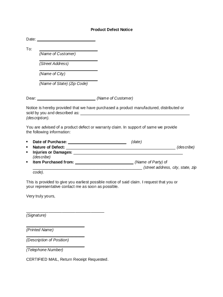 Production Defect Form Example Product Defect Notice - Blank Fillable Template | Fill Out, Print ...