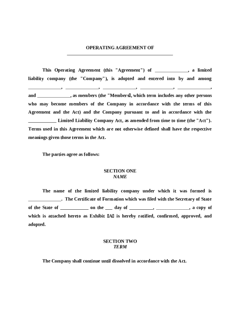 LLC Operating Agreement - Taxed as a Partnership Preview on Page 1