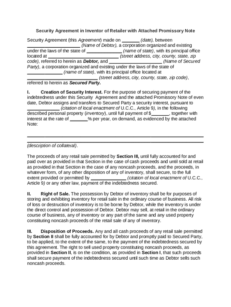 Example Security Note Form Security Agreement with Promissory Note - Blank Fillable Template ...