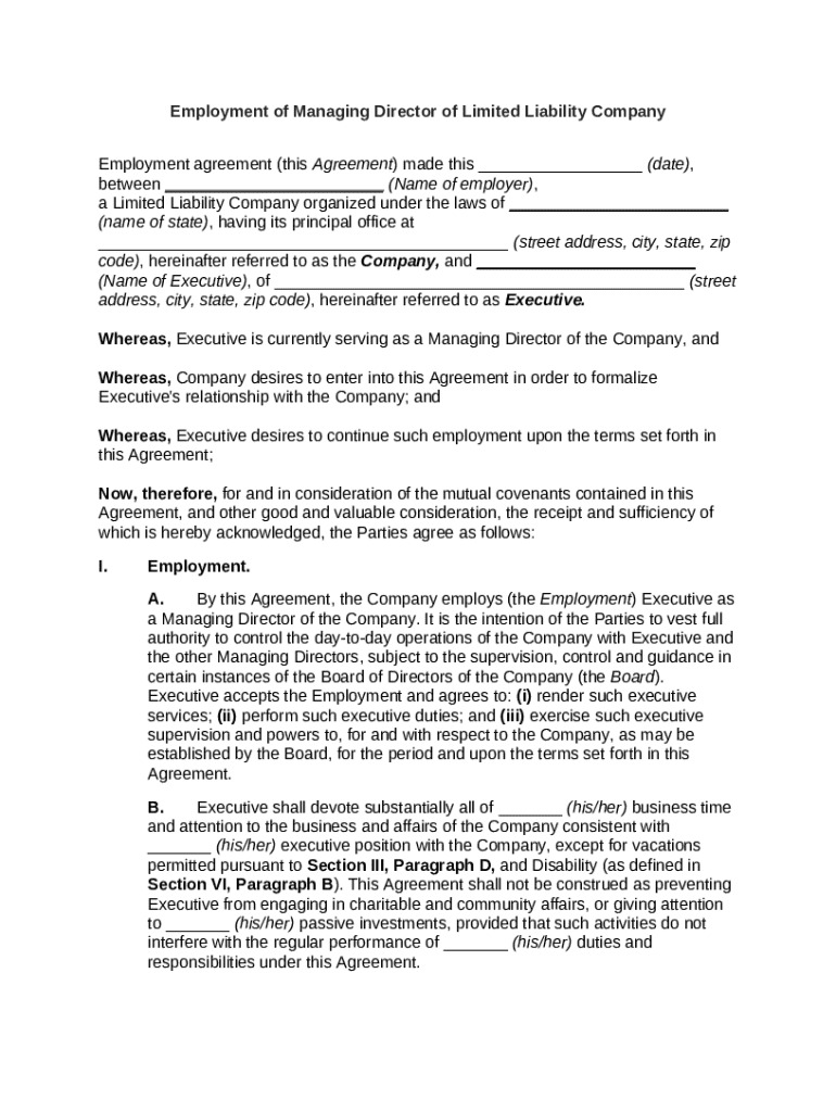 Managing Director Employment Agreement - Blank Fillable Template | Fill ...