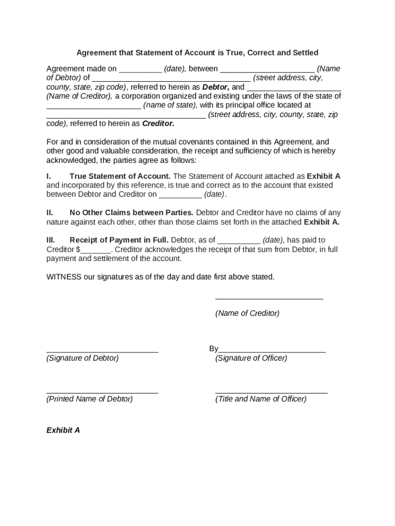 Agreement that Statement of Account is True, Correct and Settled Doc ...