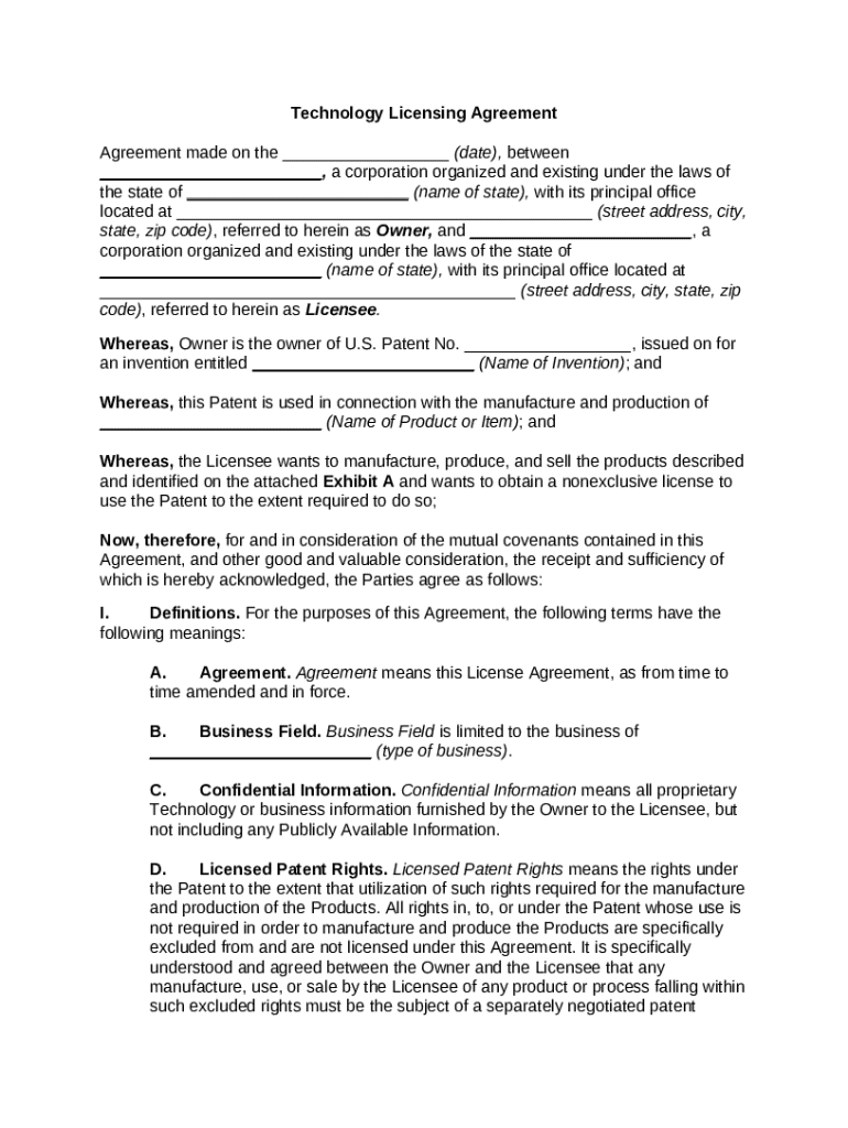 Tech Agreement Technology Licensing Agreement - Blank Fillable Template | Fill Out ...
