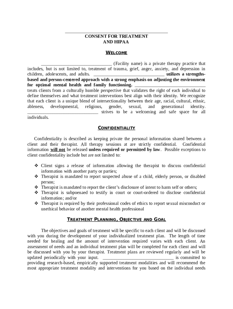 Consent for Treatment and HIPAA - Blank Fillable Template | Fill Out ...