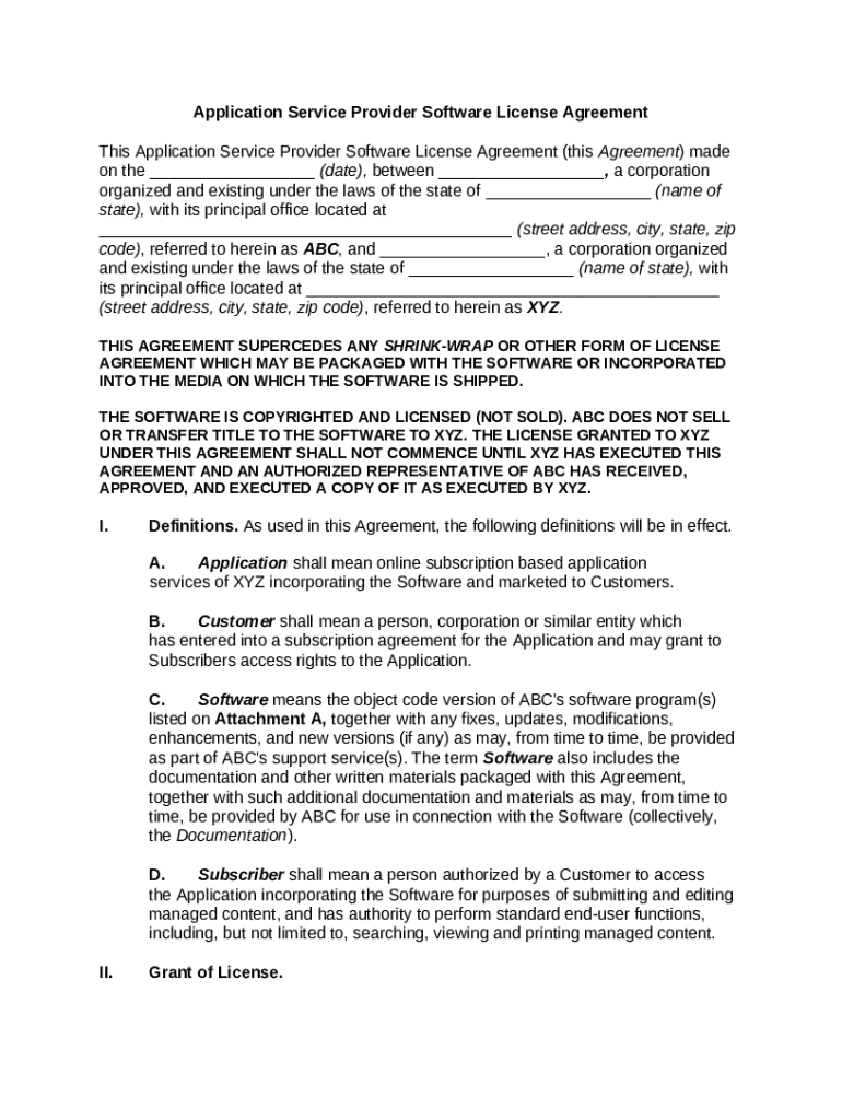 Software License Application Example Application Service Provider Software License Agreement - Blank ...