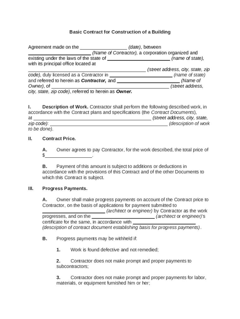 Construction Contract Agreement - Blank Fillable Template | Fill Out ...