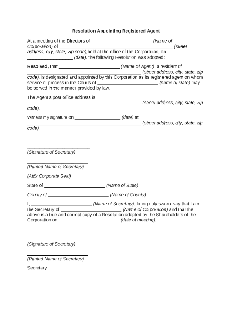 Resolution Appointing Registered Agent - Blank Fillable Template | Fill ...