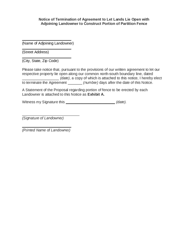 To Let Notice Notice of Termination of Agreement to Let Lands Lie Open with Adjoining ...