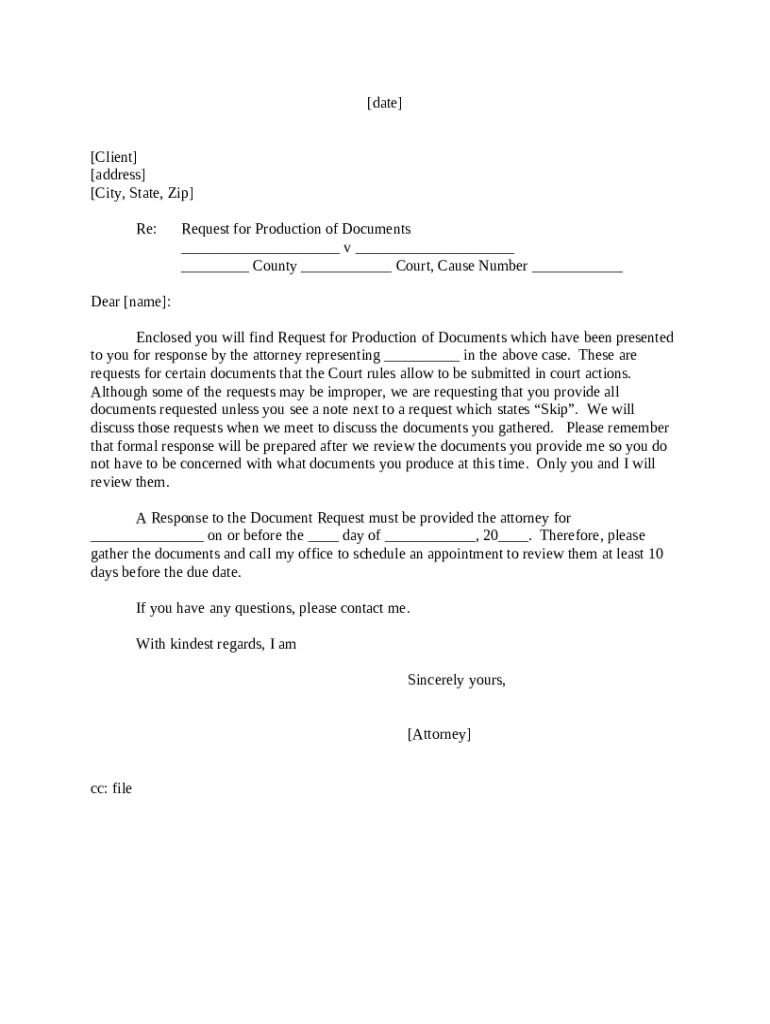 Letter To Client Request For Production Of Documents Doc Template