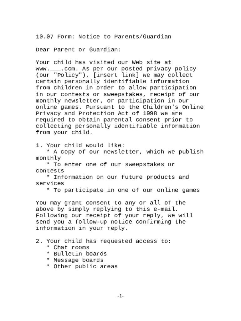 Notice to Parents/Guardian Form - Blank Fillable Template | Fill Out ...
