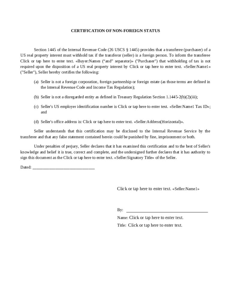 Not Foreign Certification of Non-Foreign Status - Blank Fillable Template | Fill ...
