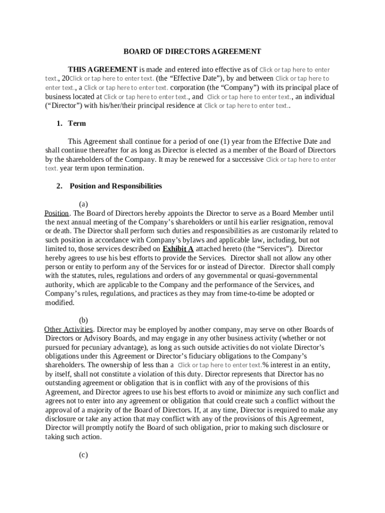 Board of Directors Agreement - Blank Fillable Template | Fill Out ...