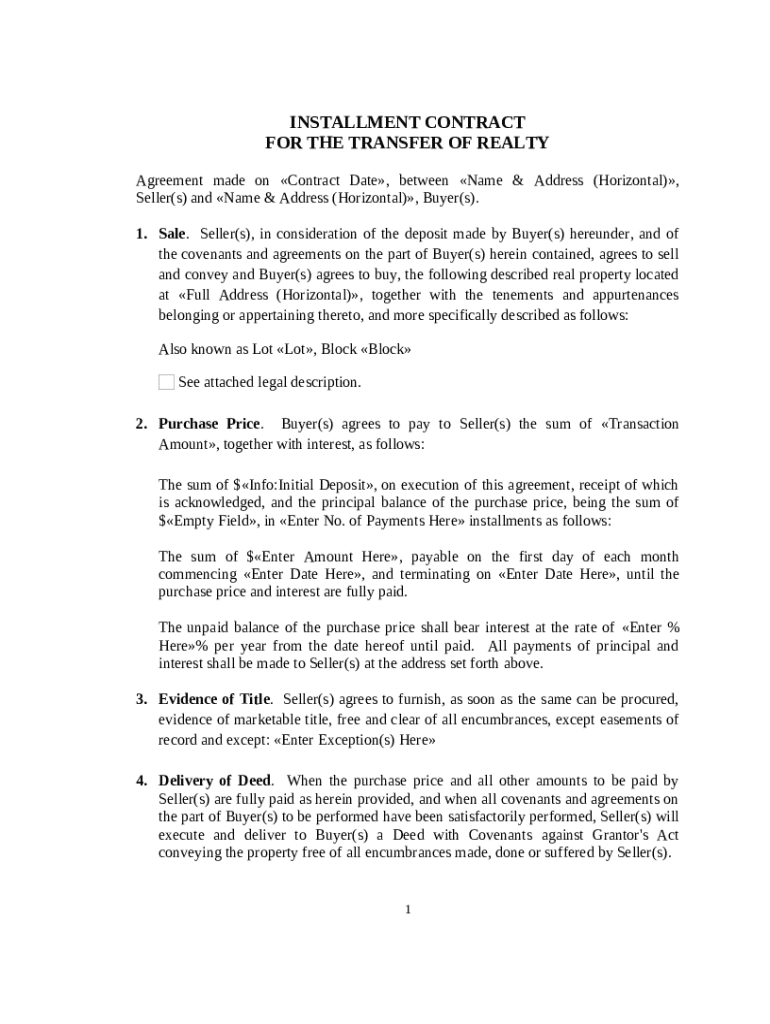 Installment Contract for Realty Transfer - Blank Fillable Template ...