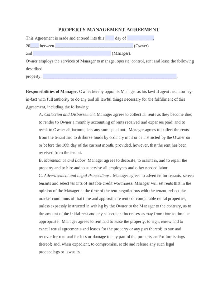 Property Management Agreement - Blank Fillable Template | Fill Out ...