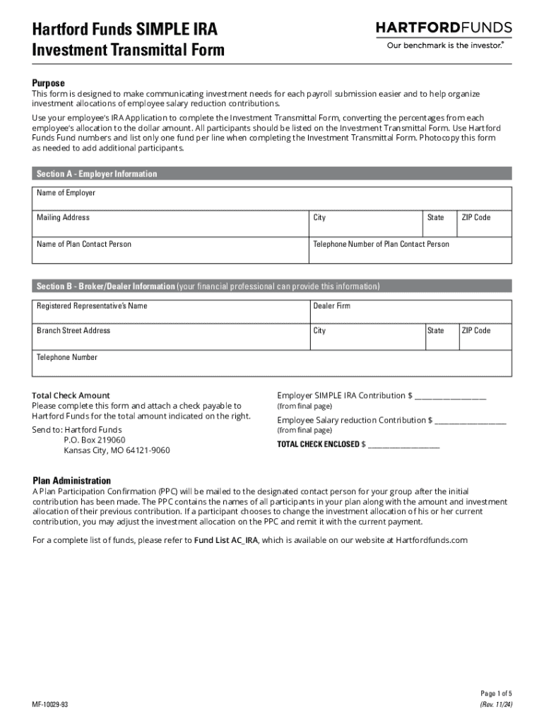 Hartford Funds Simple Ira Investment Transmittal Form Preview on Page 1
