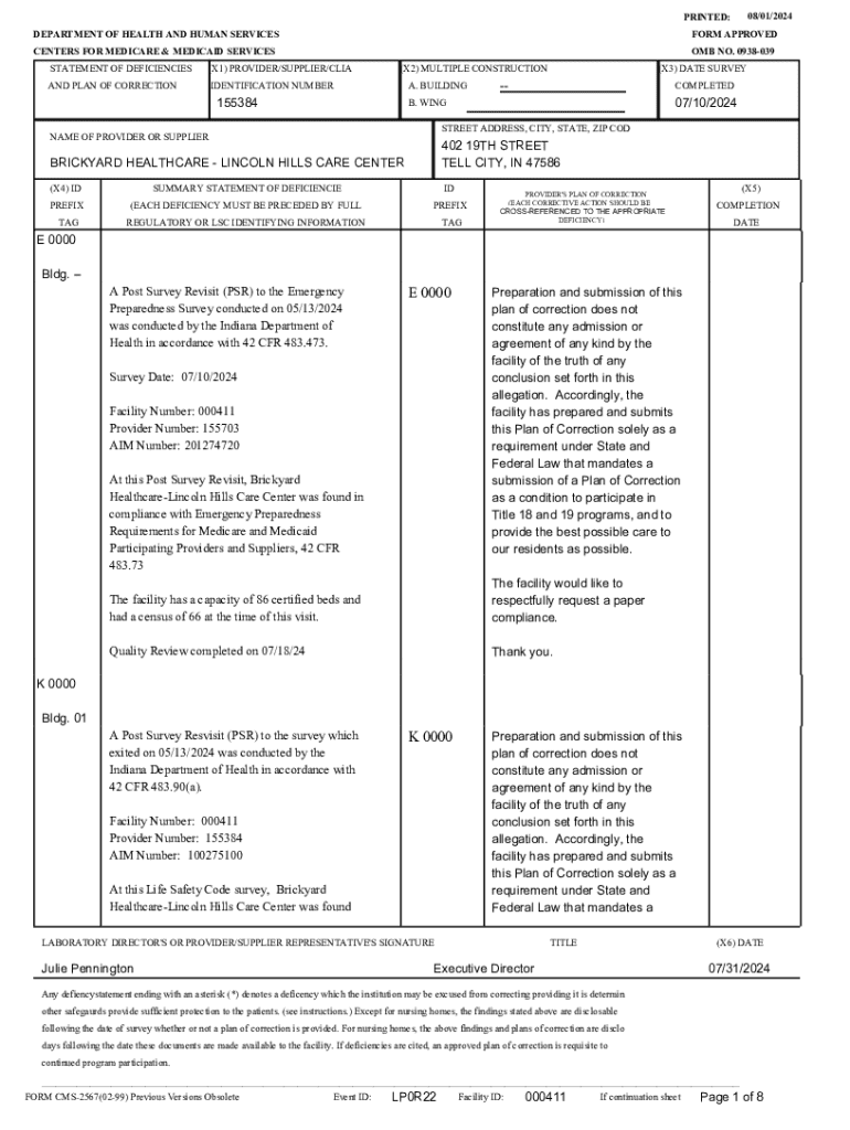 Fillable online statement of deficiencies and plan of correction fax