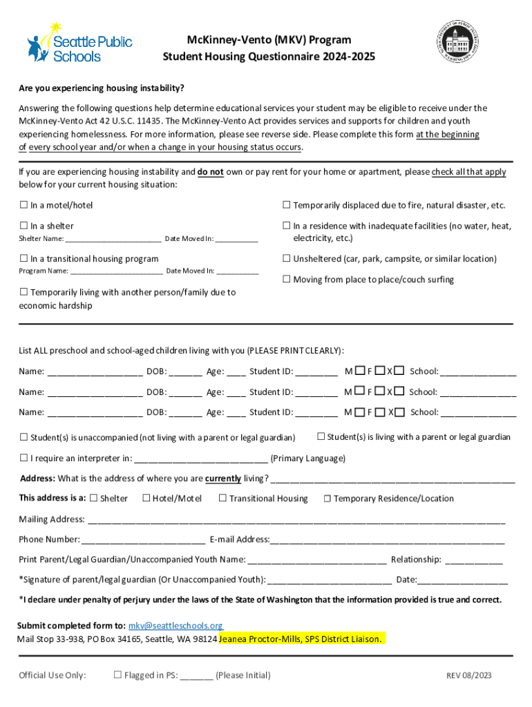 Mckinney-vento Student Housing Questionnaire 2024-2025 Preview on Page 1