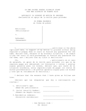 Affidavit in support of motion to proceed in forma pauperis