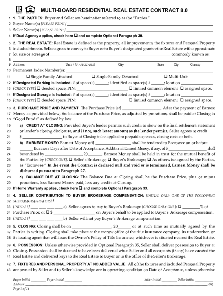 Multi-board Residential Real Estate Contract 8 0 Preview on Page 1