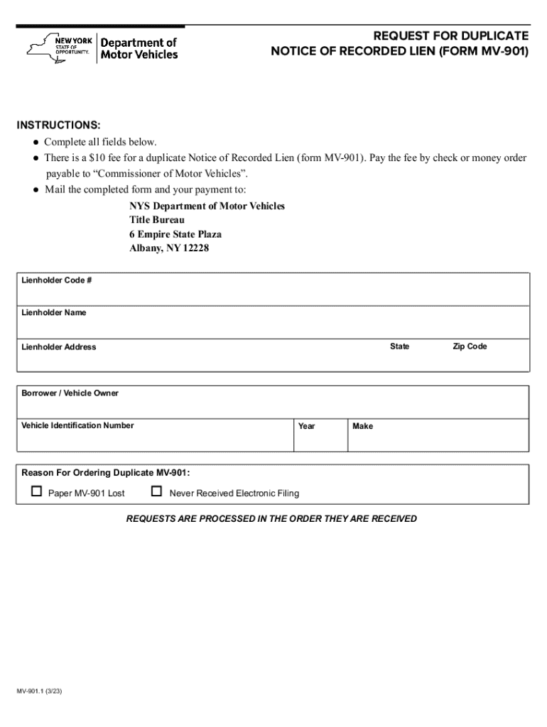 Request for Duplicate Notice of Recorded Lien (form Mv-901) Preview on Page 1