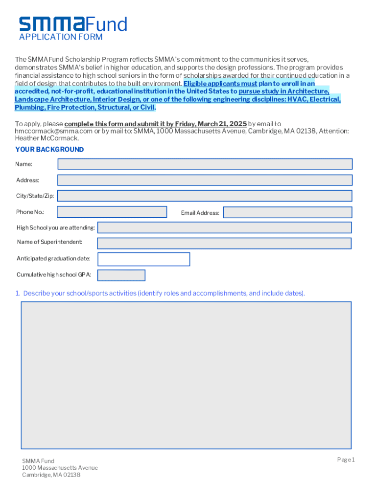 Smma Fund Scholarship Application Form Preview on Page 1