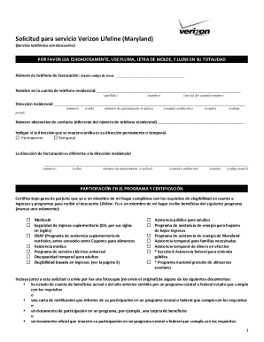 Solicitud para servicio verizon lifeline (maryland)