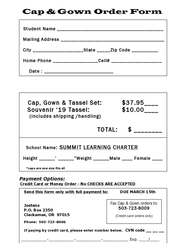 Cap and Gown Order Form Preview on Page 1