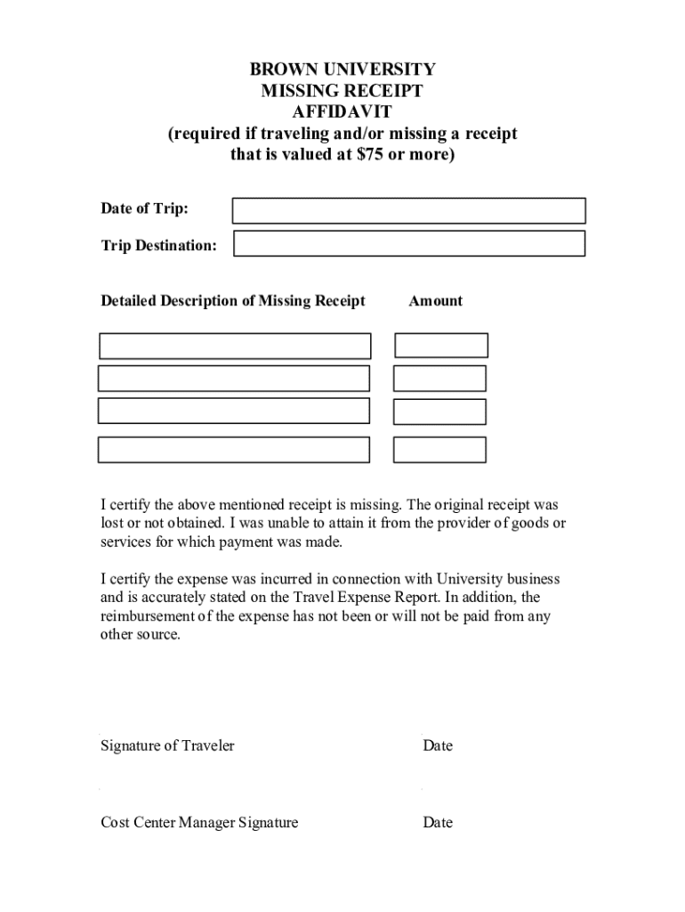 Brown University Missing Receipt Affidavit Preview on Page 1